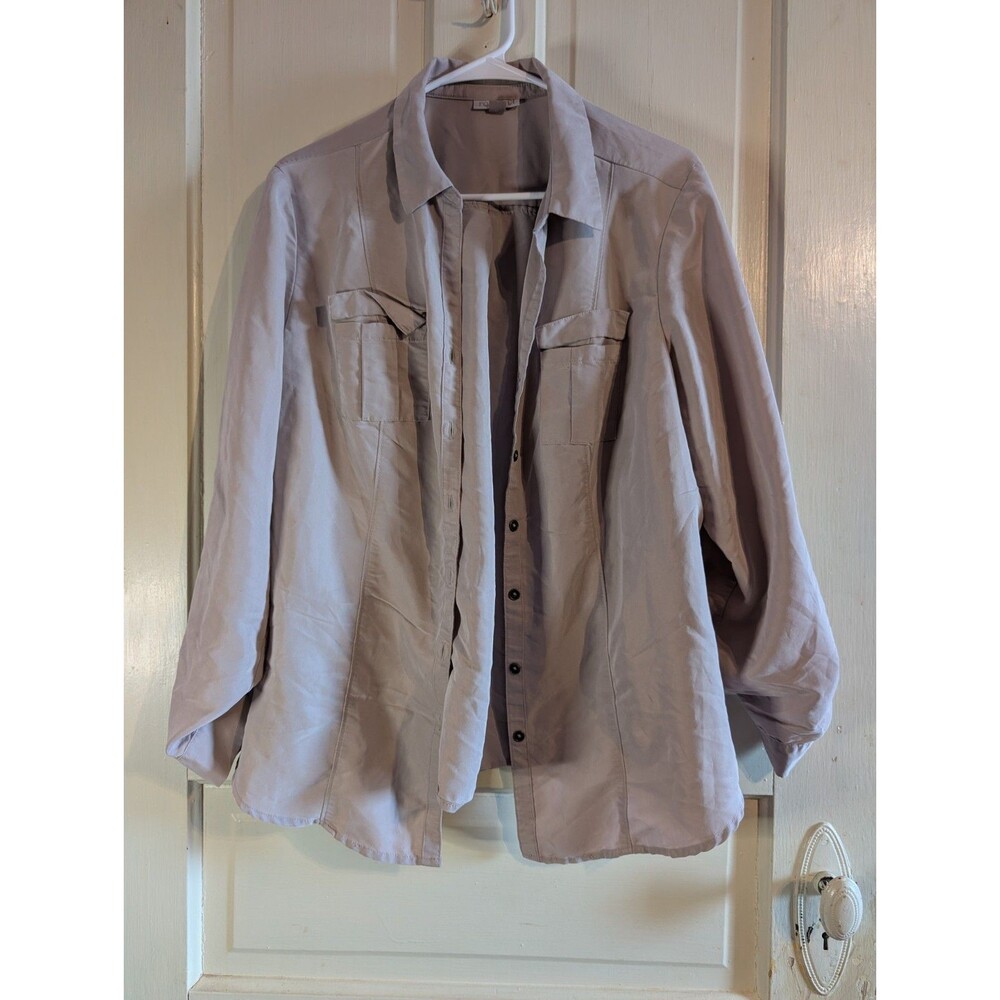 Roz & Ali Button Down Blouse Beige Pockets Roll Tab Sleeve Size 1XL